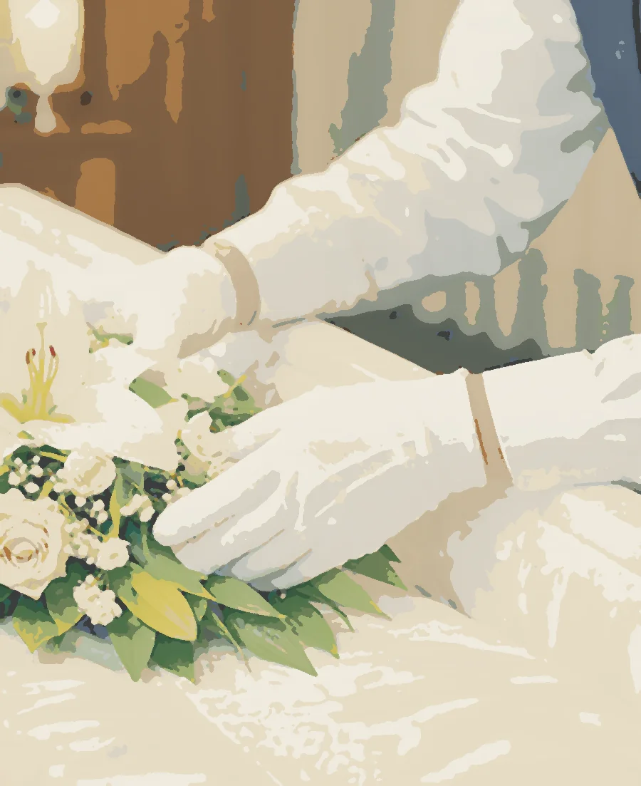 白い手袋をした手が、棺のご遺体に花を添えている場面のイラスト
