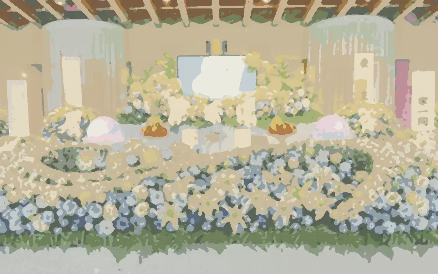 白と青の花で組まれた祭壇のイラスト。一日葬・二日葬プランのイメージ