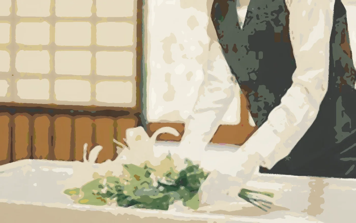 白い棺に花を納める担当者の手元のイラスト。納棺の儀を含む火葬式プランのイメージ